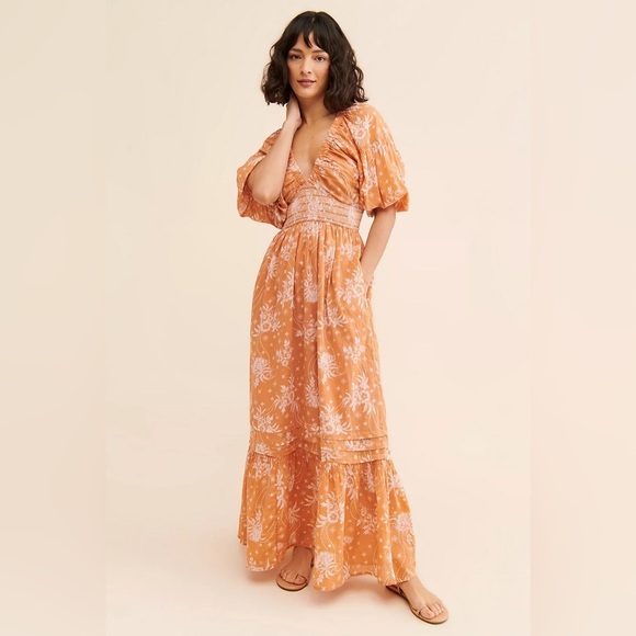 🔆 Free People Orange Maxi Dress with Bishop Sleeves, Size Small - Picture 2 of 6